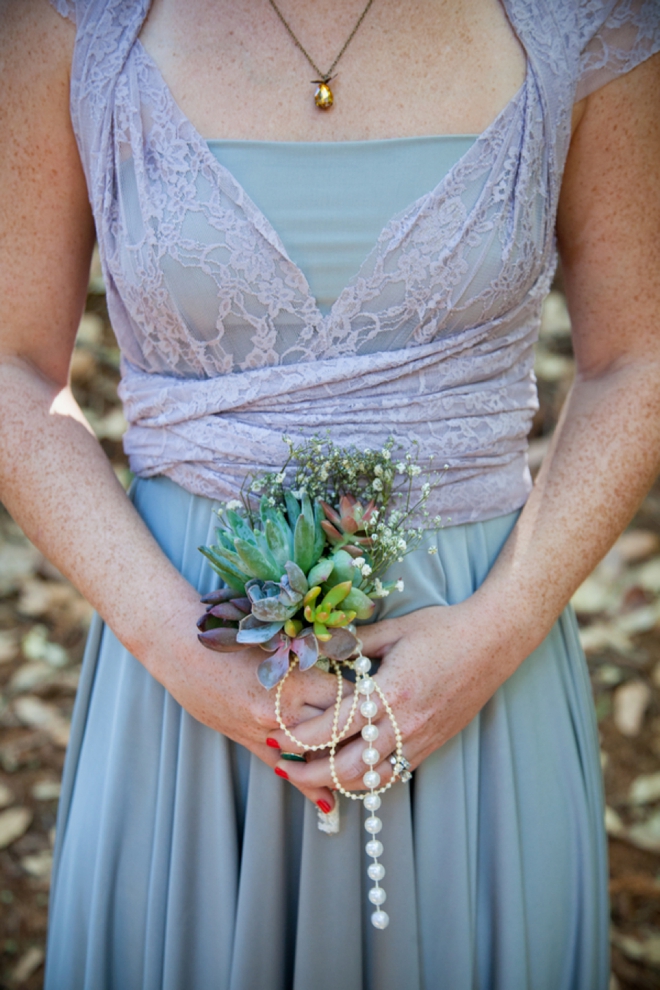 Adorable, small succulent bridesmaid bouquet with pearls