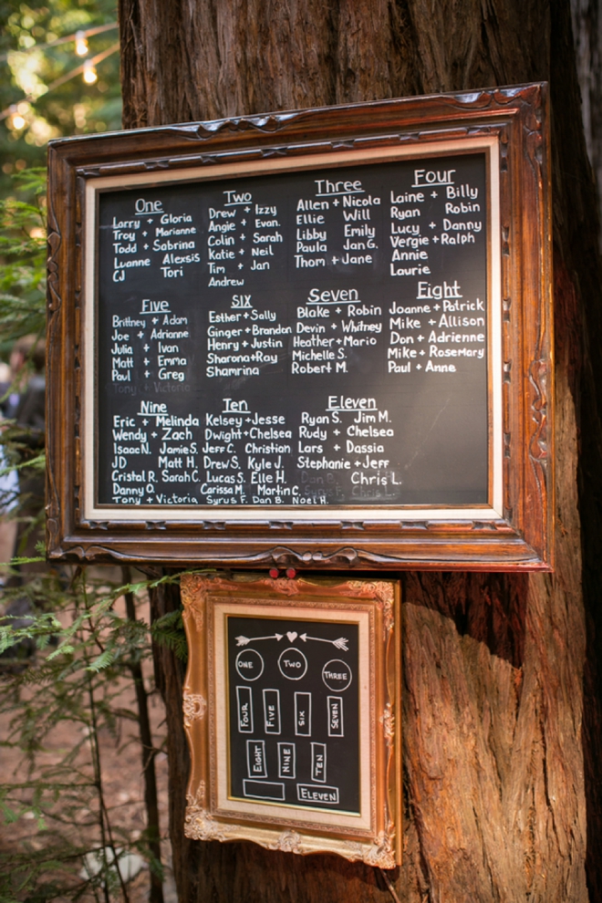 Awesome chalkboard seating chart hung on a tree!