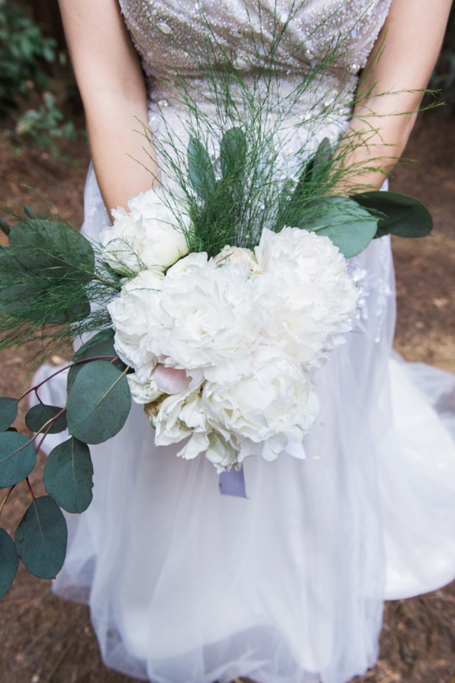 Gorgeous DIY wedding bouquet with peonies and eucalyptus