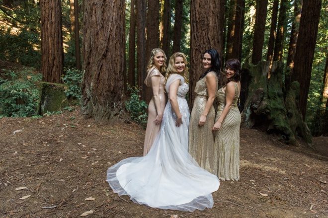 Bride with her mismatched sequin bridesmaids