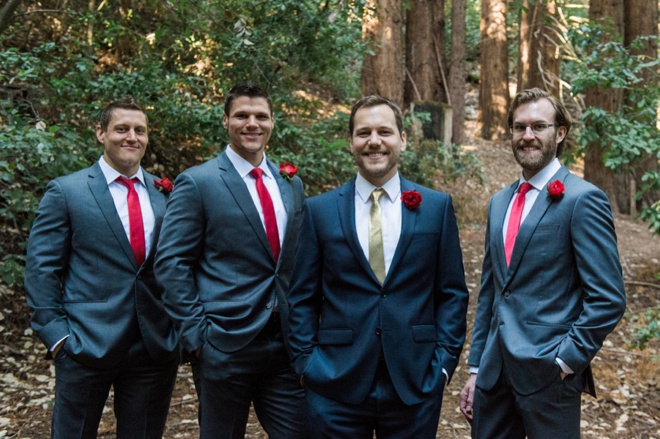 Navy suits and red ties - groom style.