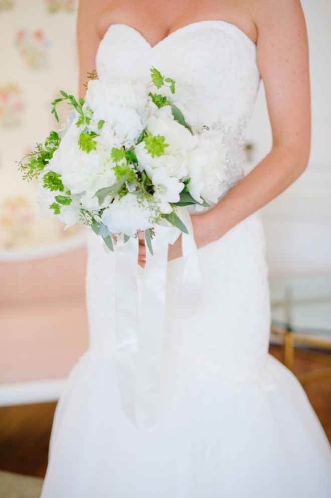 Stunning all white and green wedding bouquet