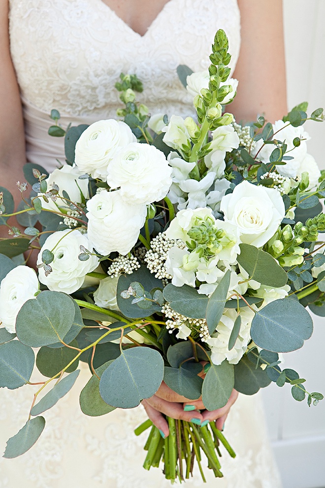 Gorgeous DIY eucalyptus and ranunculus wedding bouquet