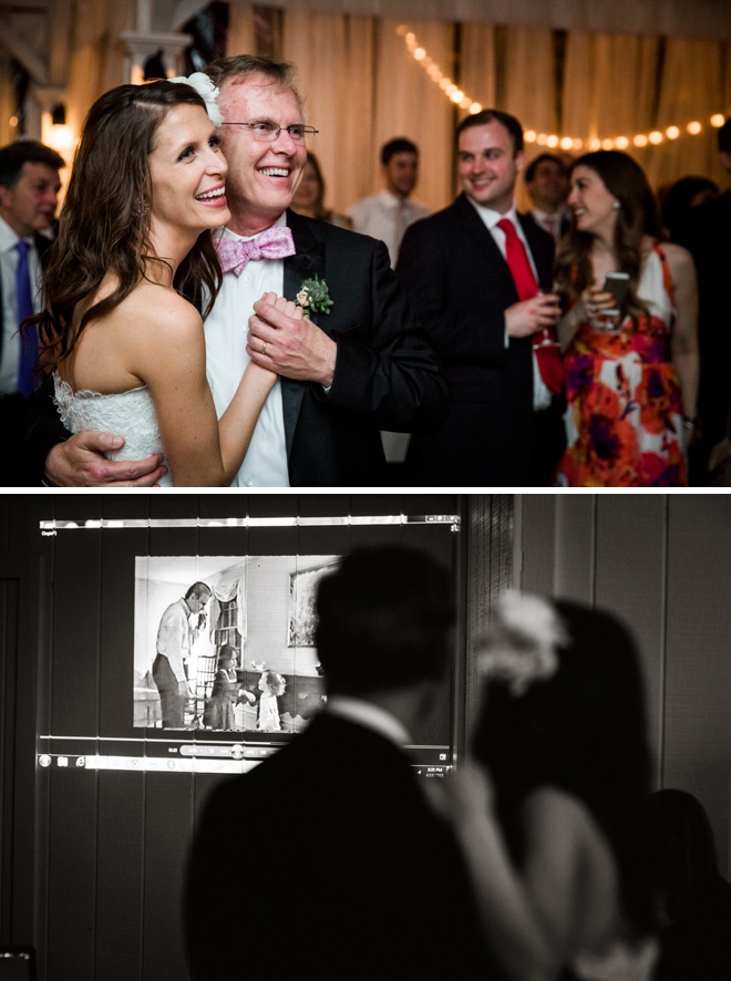 Bride dancing with father, watching old video of them dancing together.