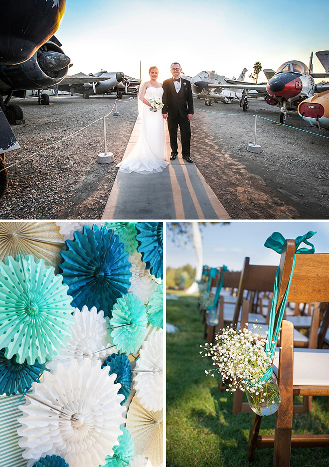 Awesome turquoise, blue and white DIY wedding at an aircraft museum!
