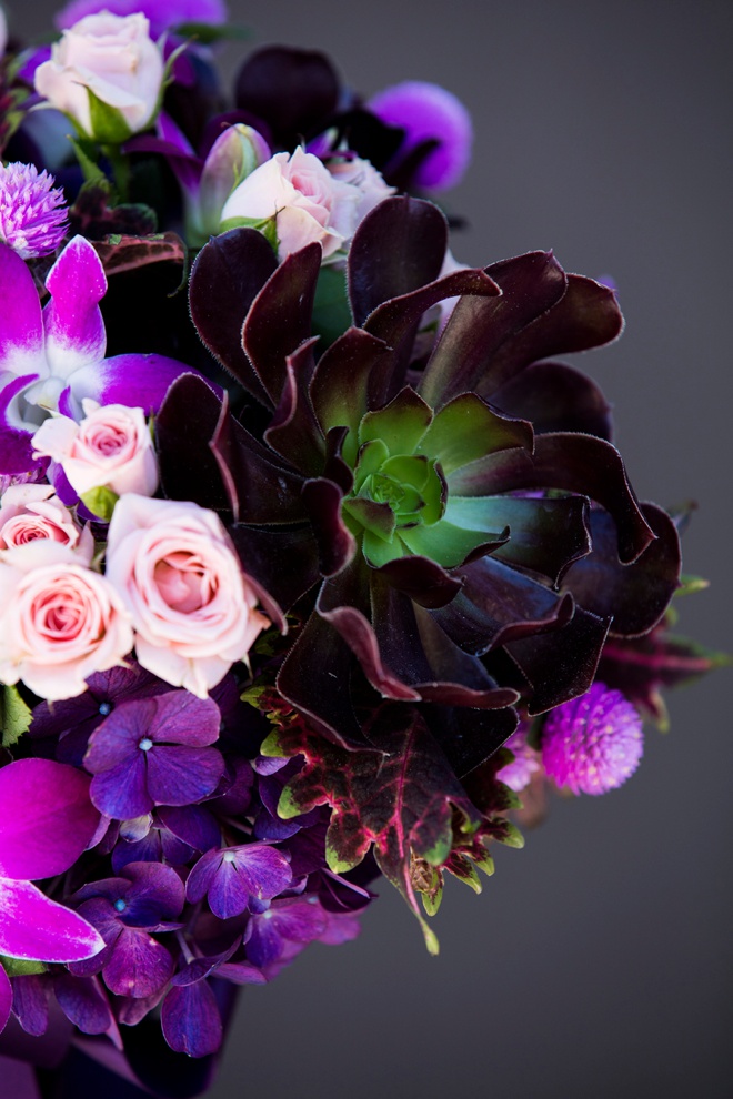 Stunning dark purple bridal bouquet with pops of pale pink mini-roses!