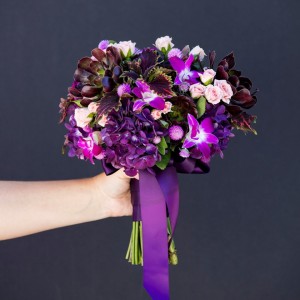 Stunning dark purple bridal bouquet with pops of pale pink mini-roses!
