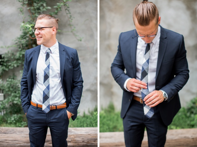 Navy Suit, brown belt, blue striped tie; Groom Style.