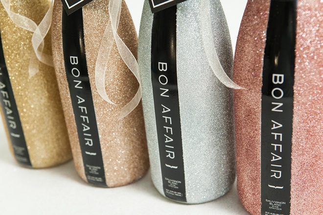 Super pretty glittered Bon Affair bottles - perfect for the morning of your wedding!