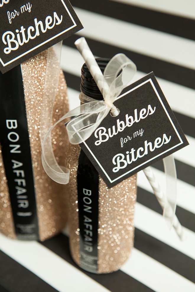 DIY glitter bottles and Bubbles For My Bitches tags - so cute!