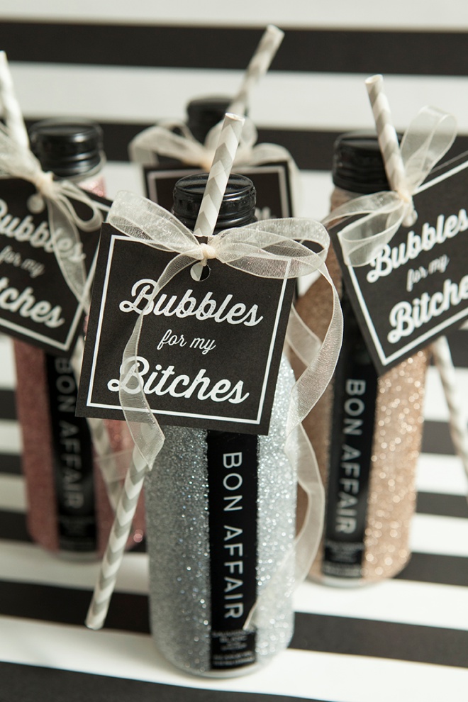 DIY glitter bottles and Bubbles For My Bitches tags - so cute!