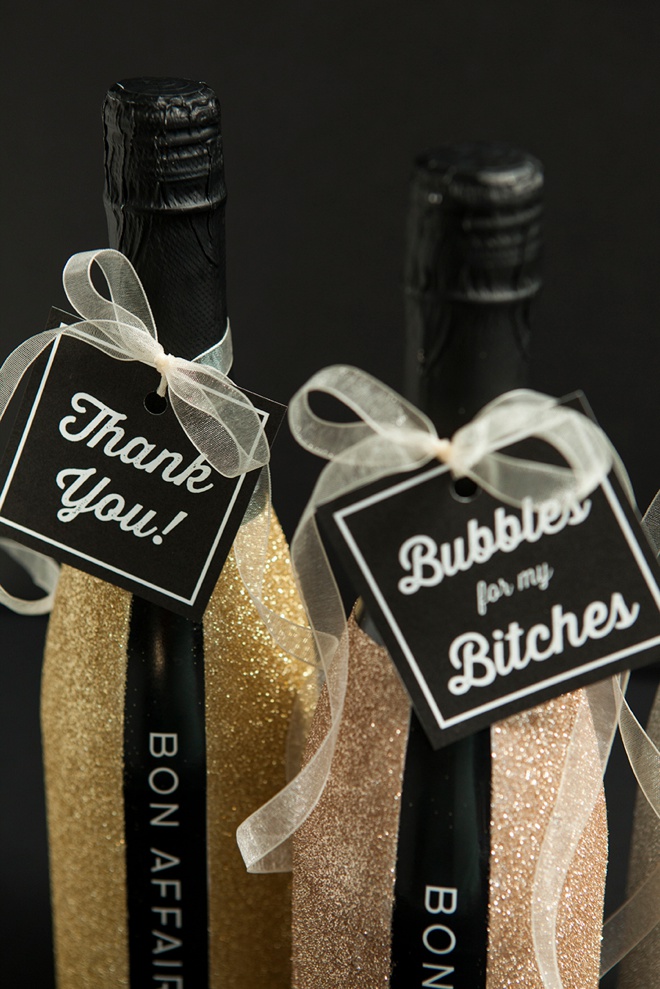 DIY glitter bottles and Bubbles For My Bitches tags - so cute!