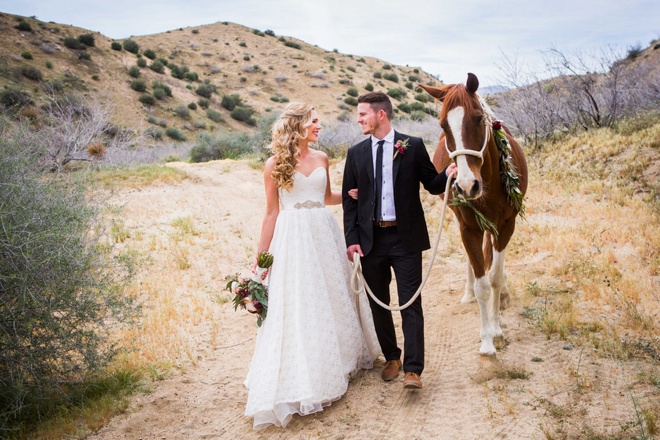 Bride and Groom portraits taken with their horse