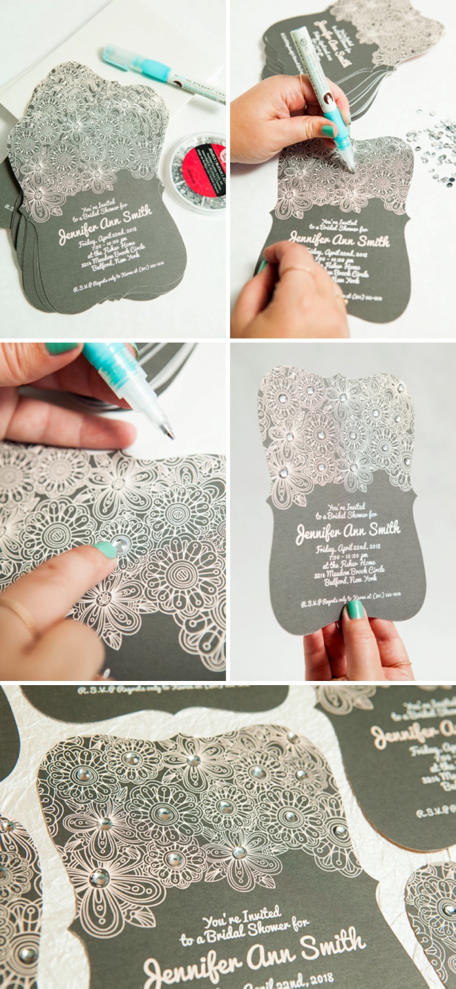 How to add fun rhinestones to your bridal shower invitations!
