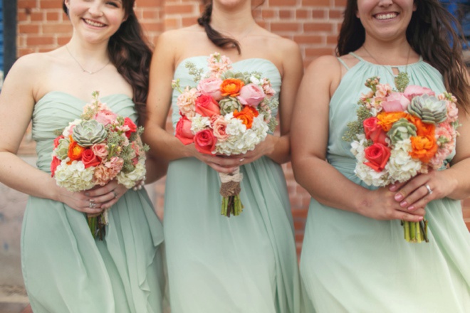 Dalring mint bridesmaids dresses from Davids Bridal.