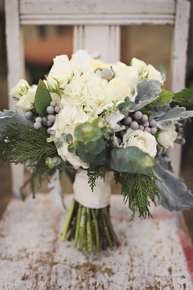 Gorgeous white and green Christmas wedding bouquet