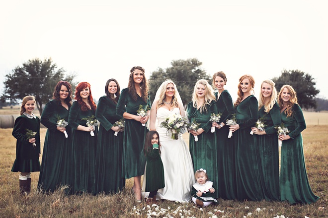Stunning green velvet bridesmaid dresses.