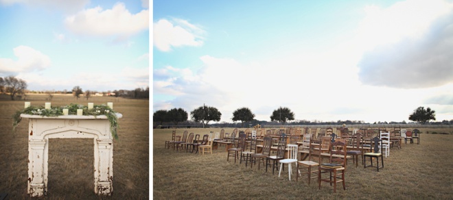 Stunning outdoor ceremony with random wooden chairs!