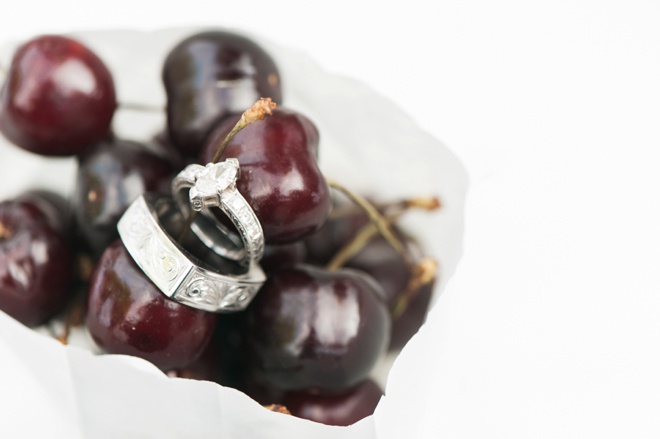 Custom wedding rings shot in cherries