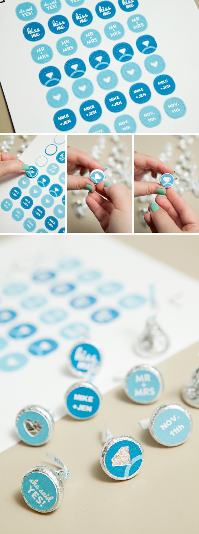 How to make custom Hershey Kiss stickers for your engagement party, with free printables!