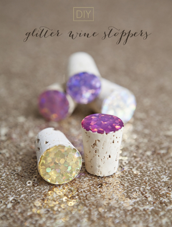 DIY glitter topped wine bottle stoppers from Something Turquoise