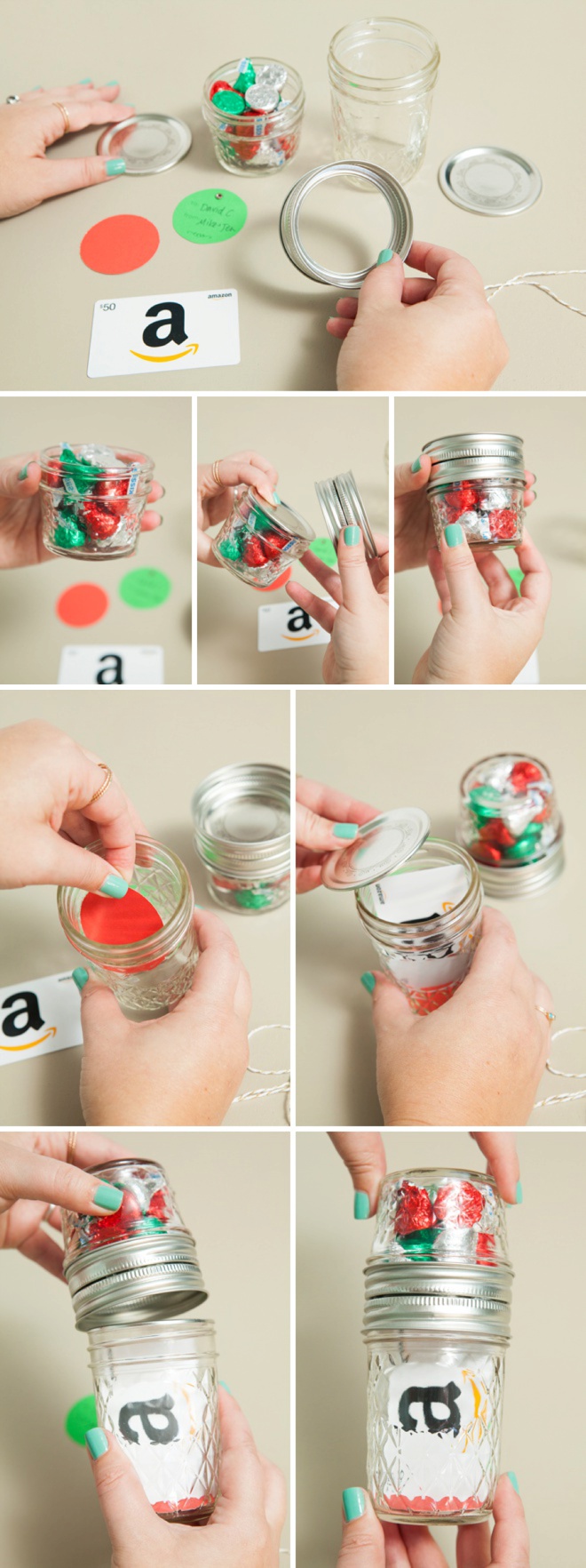 Glue two mason jar lids together to make the most darling gift card and candy holder!