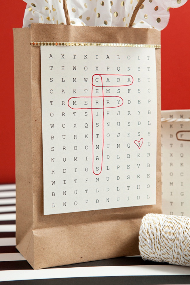 Awesome gift wrap idea using free, edit and print word search paper!