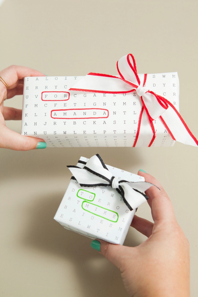 Awesome gift wrap idea using free, edit and print word search paper!