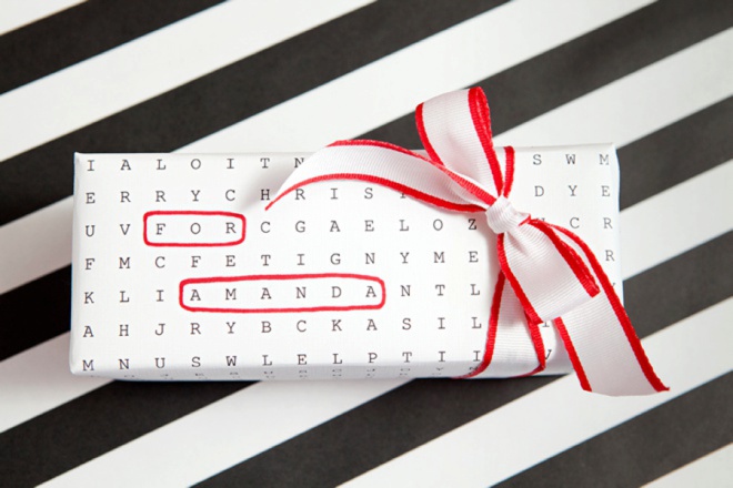 Awesome gift wrap idea using free, edit and print word search paper!