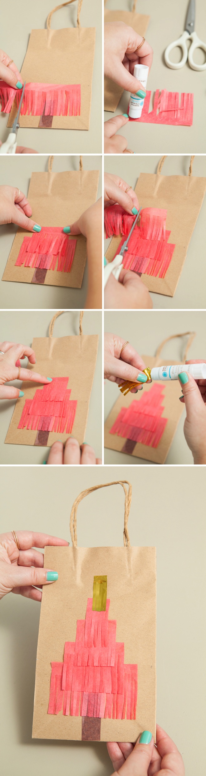 Darling idea for DIY fringe Christmas tree gift bags!