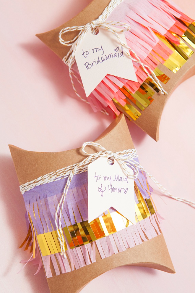 Darling idea for DIY fringe wrapped gift boxes!