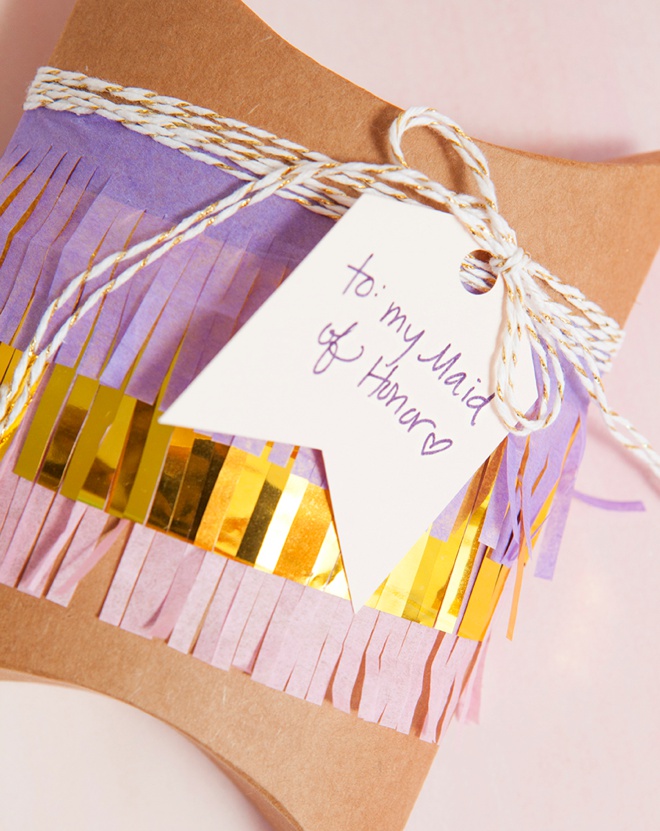 Darling idea for DIY fringe wrapped gift boxes!