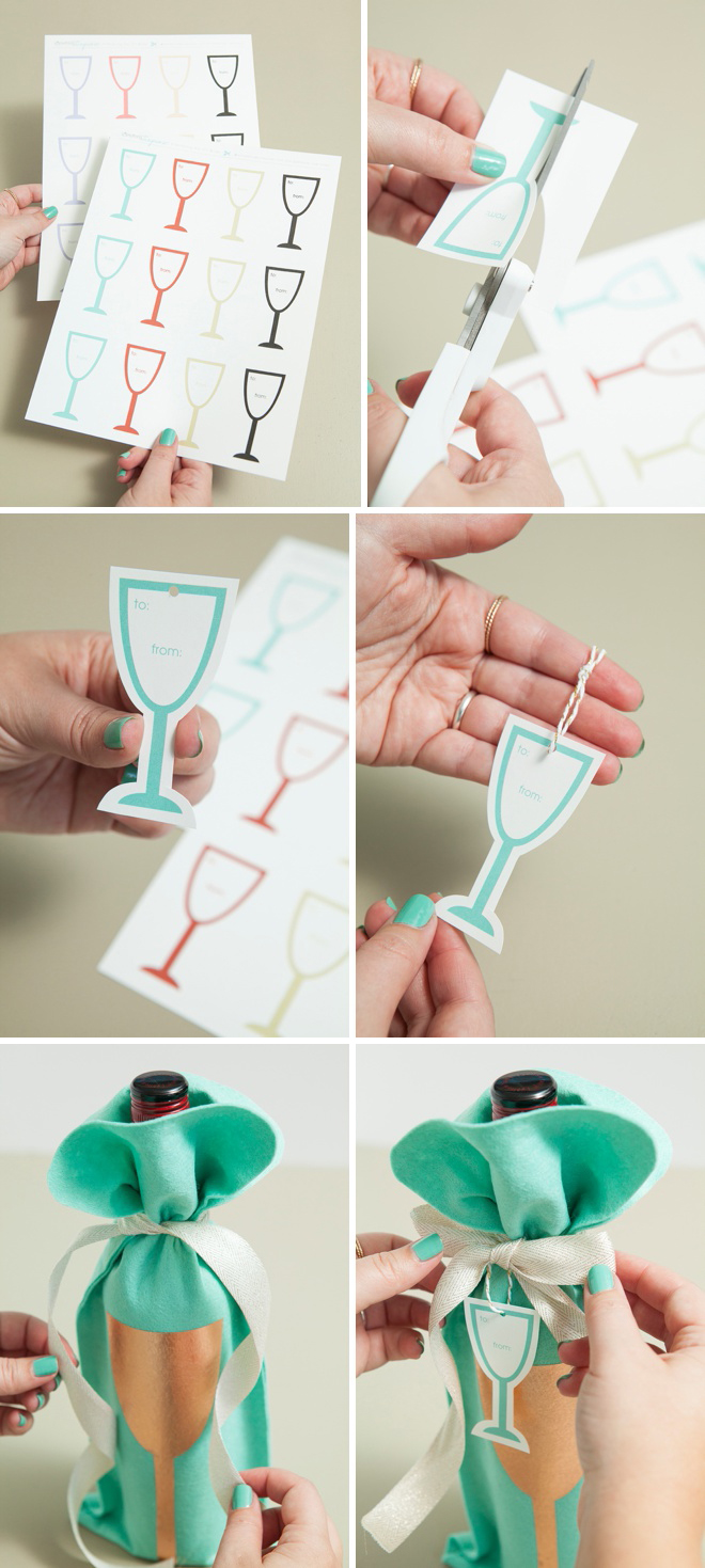 Awesome and easy way to make the most adorable wine bottle gift bags, plus free printable wine gift tags!