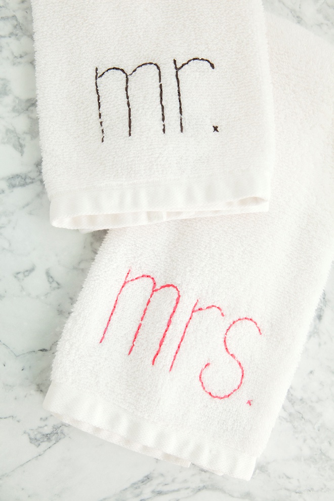 DIY embroidered Mr and Mrs hand towel gifts!