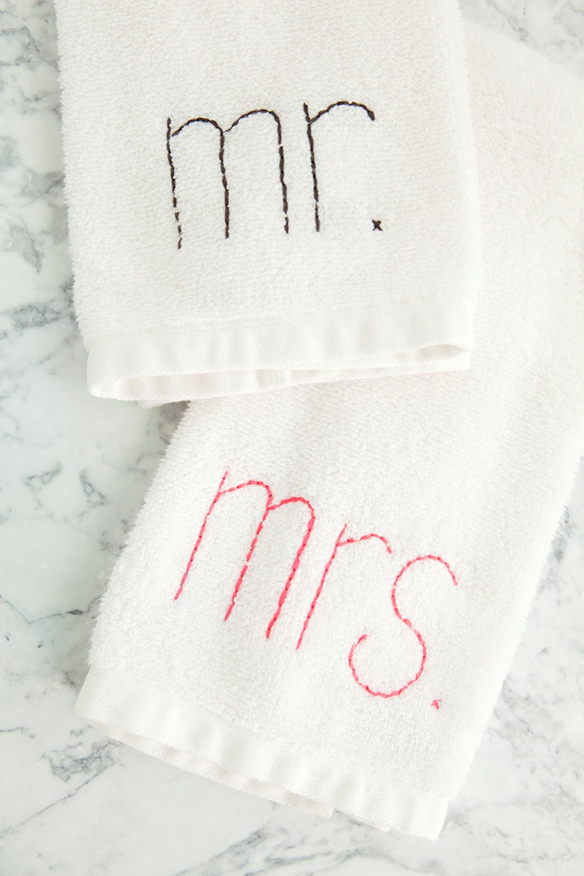 How To Easily Embroider Mr + Mrs Hand Towels!