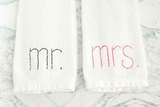 DIY embroidered Mr and Mrs hand towel gifts!