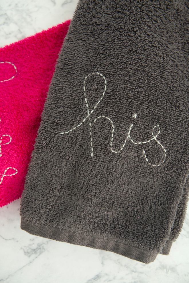 DIY embroidered His and Hers hand towel gifts!