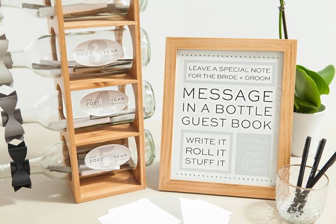 Awesome idea for a DIY message in a bottle, wedding guest book with FREE printables!