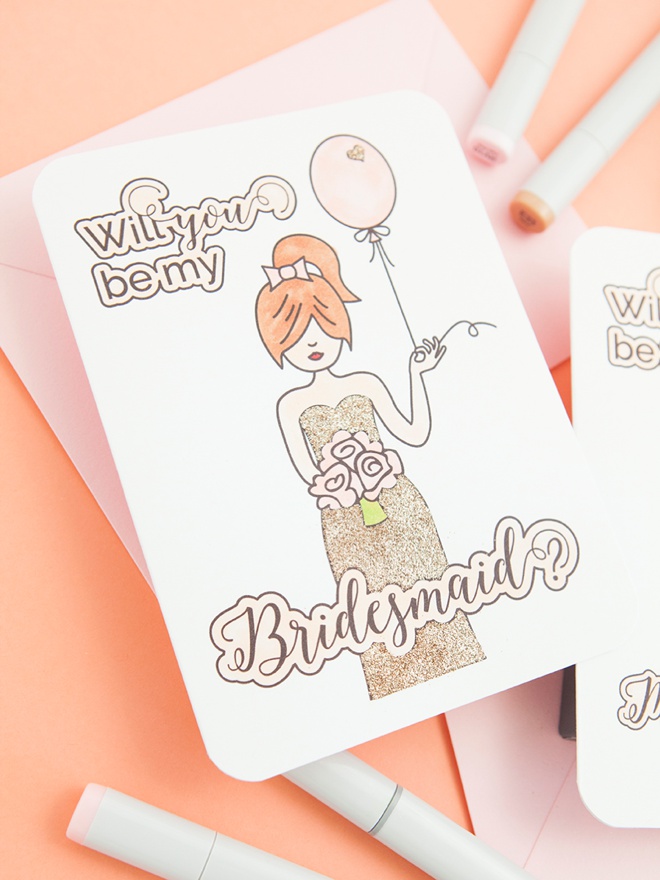 Free printable Will You Be My Bridesmaid card that you color!