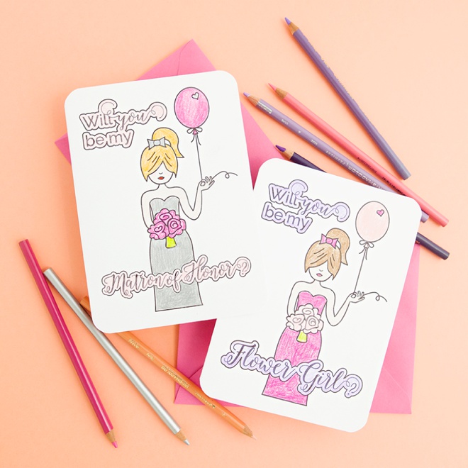 Free printable Will You Be My Bridesmaid card that you color!