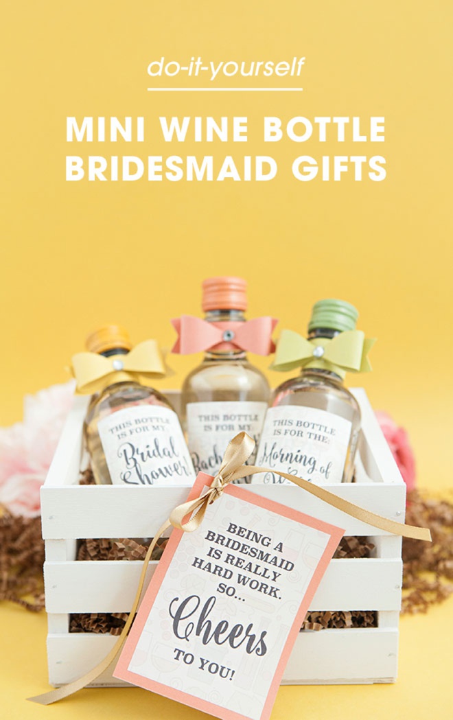 Easy DIY idea on how to make your bridesmaids these darling mini-crate gifts of mini-wine bottles!