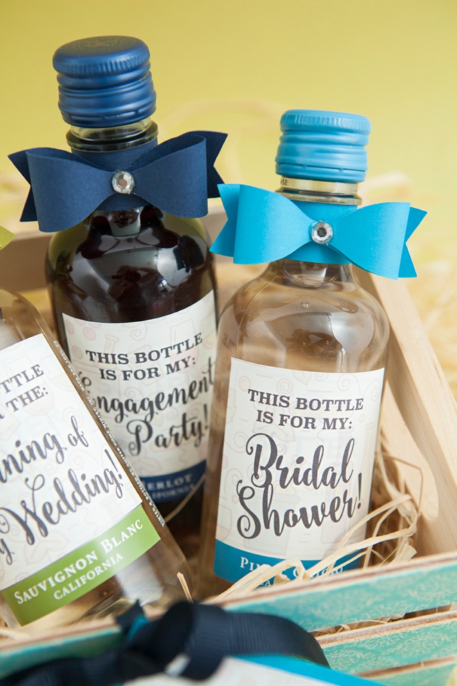 Easy DIY idea on how to make your bridesmaids these darling mini-crate gifts of mini-wine bottles!