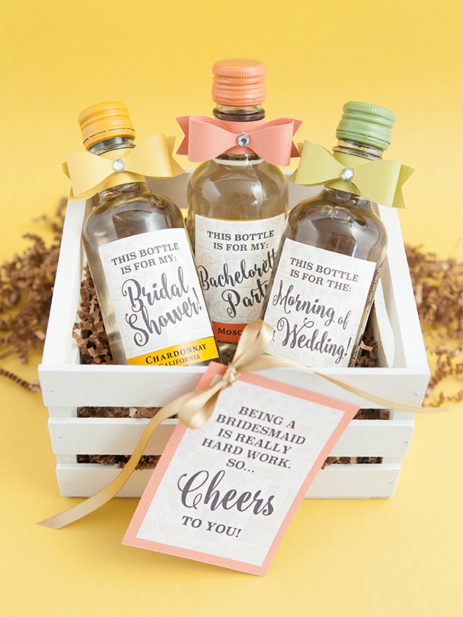 Easy DIY idea on how to make your bridesmaids these darling mini-crate gifts of mini-wine bottles!