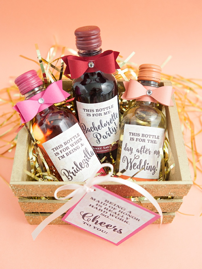 Such a fun idea for a bridesmaid present, mini-wines with funny labels!