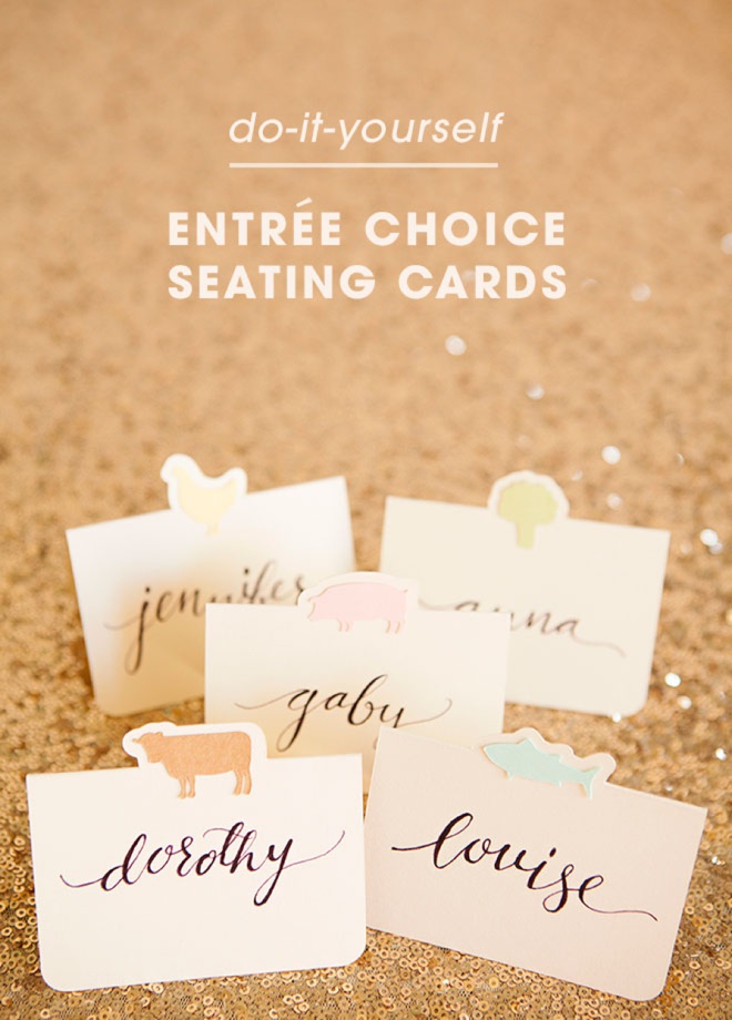 Darling DIY idea for wedding seating cards with each guests choice of entrée!