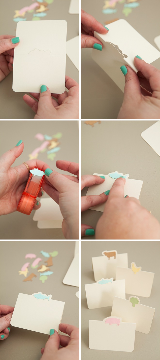 Darling DIY idea for wedding seating cards with each guests choice of entrée!