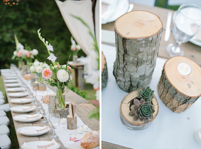 Loving these rustic and thoughtful wooden centerpieces!