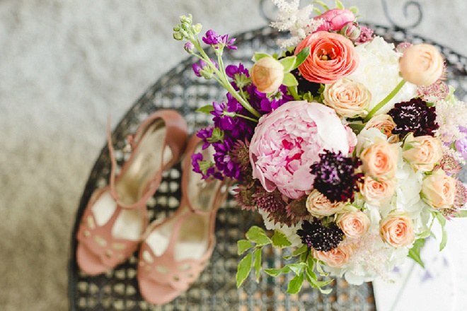 We're loving this Bride's sweet wedding shoes and bright wedding bouquet!