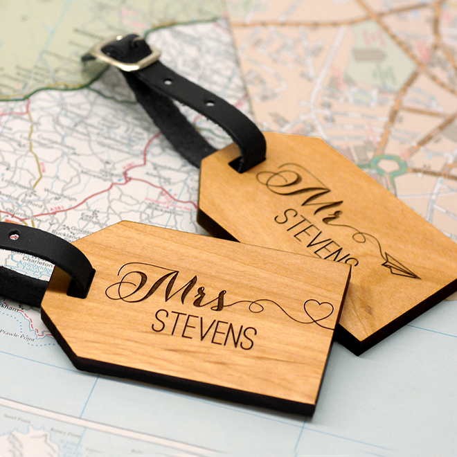 Wooden, Personalized Mr + Mrs Luggage Tags by Maria Allen