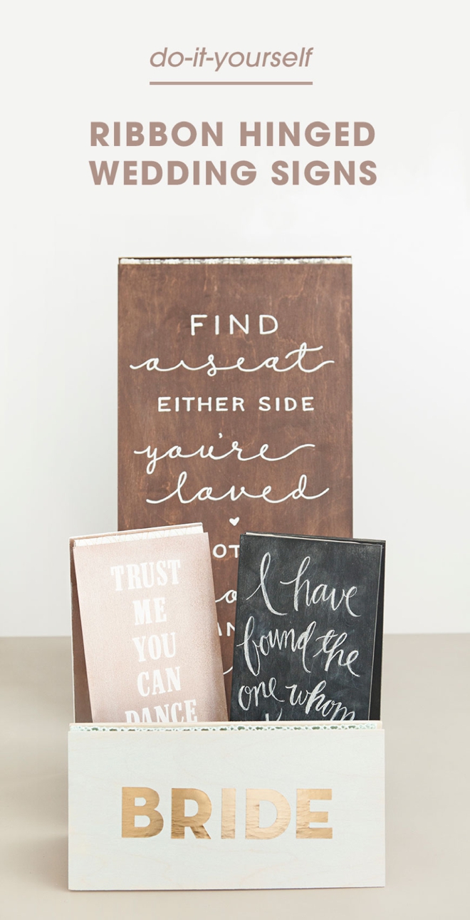 Using ribbon as hinges on these DIY wedding signs is a genius idea!